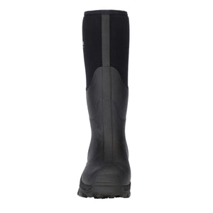 Back view of a black tall rubber work boot