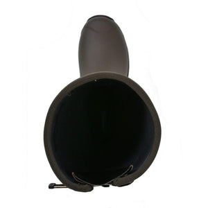 Top view of a brown rubber boot with a dark interior lining