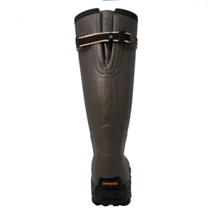 Back view of brown Dryshod rubber boot with adjustable strap