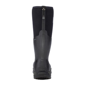 Rear view of a black Dryshod waterproof rubber boot