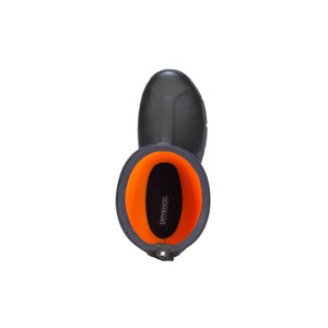 Top view of a black Dryshod boot with a bright orange interior lining