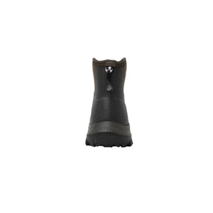 Rear view of a black Dryshod boot with a pull tab and textured heel