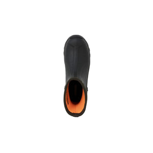 Top view of a black Dryshod boot with an orange interior lining