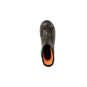 Top view of Dryshod camouflage rubber boot with orange interior lining