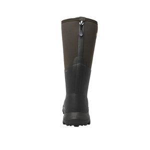Rear view of a brown and black Dryshod waterproof boot with a back zipper