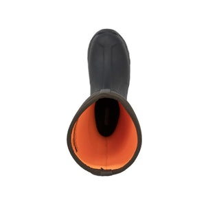 Top view of a Dryshod boot with a black exterior and bright orange interior lining