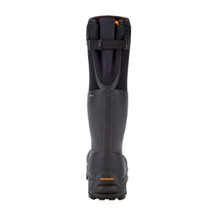 Back view of a black Dryshod waterproof boot with an adjustable calf strap