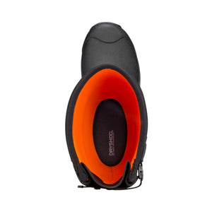 Top view of a black Dryshod boot with a bright orange interior lining