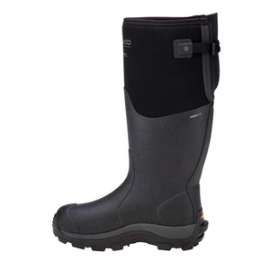 Black waterproof rubber work boot with adjustable side strap