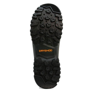Black rubber outsole of a Dryshod boot with deep tread pattern