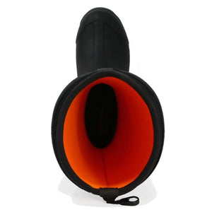 Top view of a black rubber boot with a bright orange interior lining