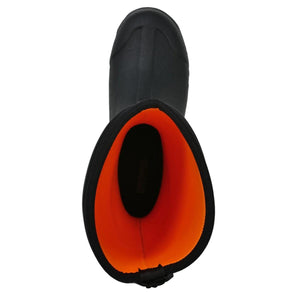 Top view of a black Dryshod boot with a bright orange interior lining