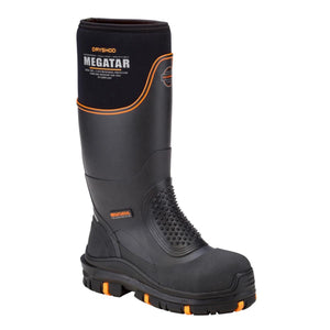 Dryshod Megatar black waterproof steel toe work boot with orange accents