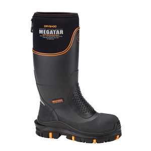 Dryshod Megatar black waterproof steel toe work boot with orange accents