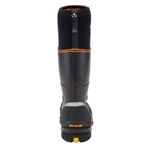 Back view of a black Dryshod rubber boot with orange trim and pull tab