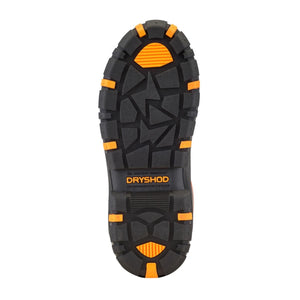 Black and orange lugged rubber outsole of a Dryshod boot