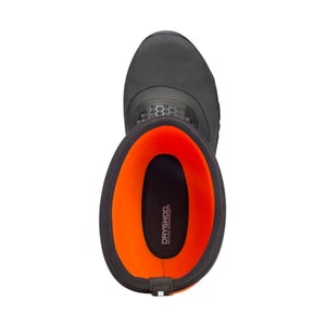 Top view of a black Dryshod waterproof boot with a bright orange interior lining