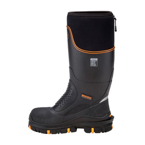 Black and orange Megatarsal safety boot with textured metatarsal guard and lugged sole
