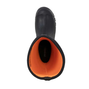 Top view of a black Dryshod boot with a bright orange interior lining