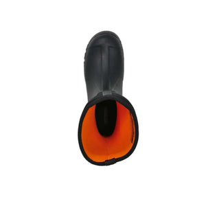 Top view of a black Dryshod boot with a bright orange interior lining