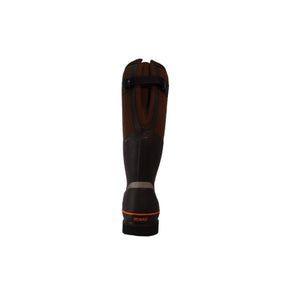 Rear view of a brown and black Dryshod waterproof boot with adjustable strap