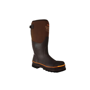 Dryshod brown and black waterproof work boot with orange trim