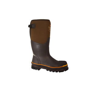 Dryshod brown and black waterproof work boot with orange trim