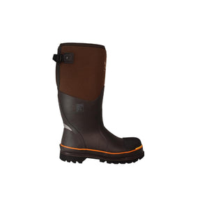 Dryshod brown waterproof work boot with orange trim and adjustable calf strap