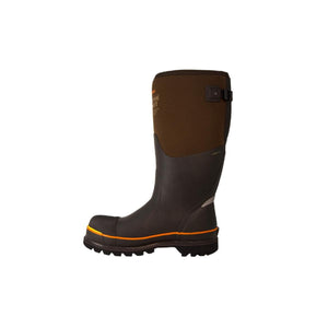 Dryshod brown waterproof work boot with orange trim and reinforced toe