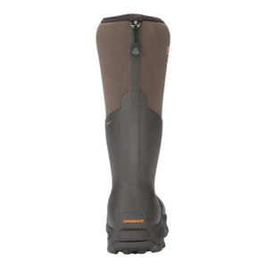 Rear view of a brown Dryshod waterproof rubber boot with a pull tab