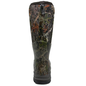 Back view of a tall camouflage rubber hunting boot with a rear zipper closure