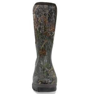 Tall rubber hunting boot with tree bark camouflage pattern