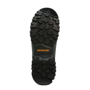Black Dryshod boot outsole with deep tread pattern and orange logo