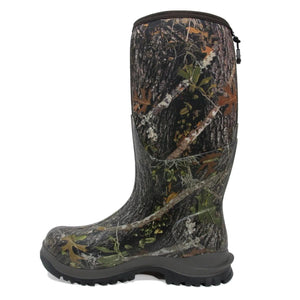 Tall camouflage rubber hunting boot with dark grey sole