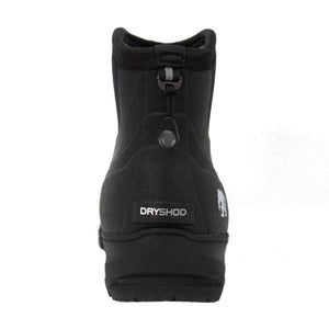 Back view of black Dryshod rubber boot with pull tab and logo