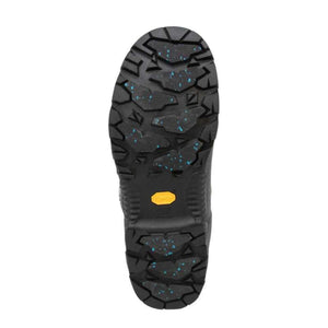 Black Dryshod boot outsole with deep tread pattern and blue fleck details