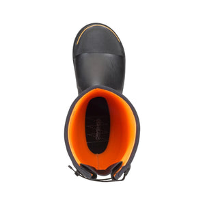 Top view of a black Dryshod boot with a bright orange interior lining