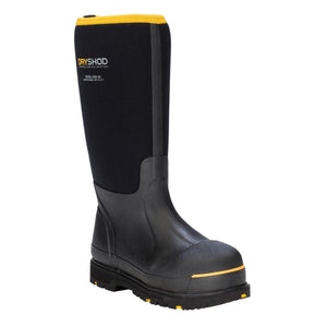Dryshod black steel toe hi work boot with yellow trim