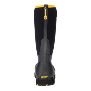 Back view of black Dryshod waterproof boot with yellow trim and pull tab