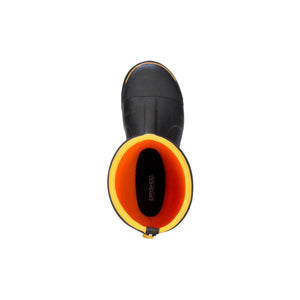 Top view of a black Dryshod rubber boot with a bright orange interior lining