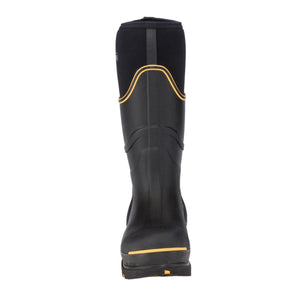Dryshod black rubber work boot with yellow trim viewed from the back