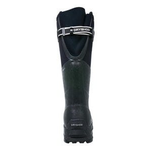 Rear view of a black Dryshod tall rubber boot with adjustable strap