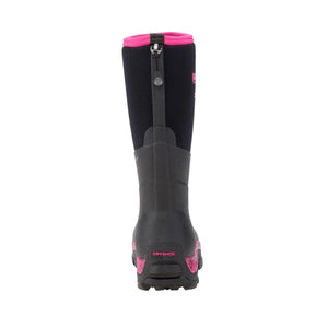 Rear view of black Dryshod rubber boot with pink trim and sole detail
