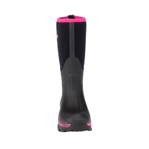 Dryshod black rubber boot with pink trim and pink patterned sole