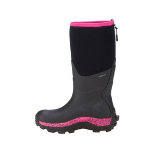 Dryshod black waterproof boot with pink trim and pink textured sole detail