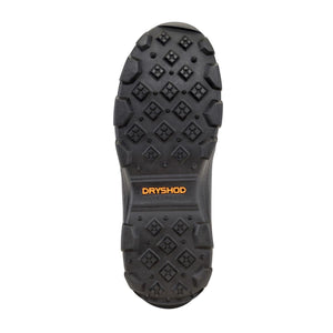 Black rubber lugged outsole of a Dryshod boot