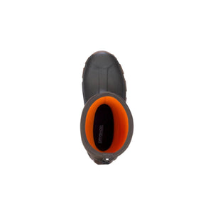 Top view of a Dryshod boot with a black exterior and bright orange interior lining
