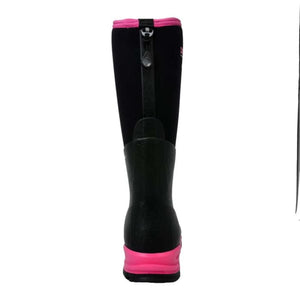 Back view of a black Dryshod boot with pink trim and sole