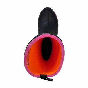 Top view of Dryshod black rubber boot with bright orange interior and pink trim