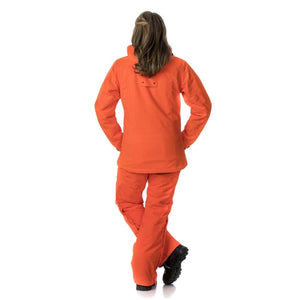 Back view of woman wearing bright orange DSG Outerwear jacket and pants